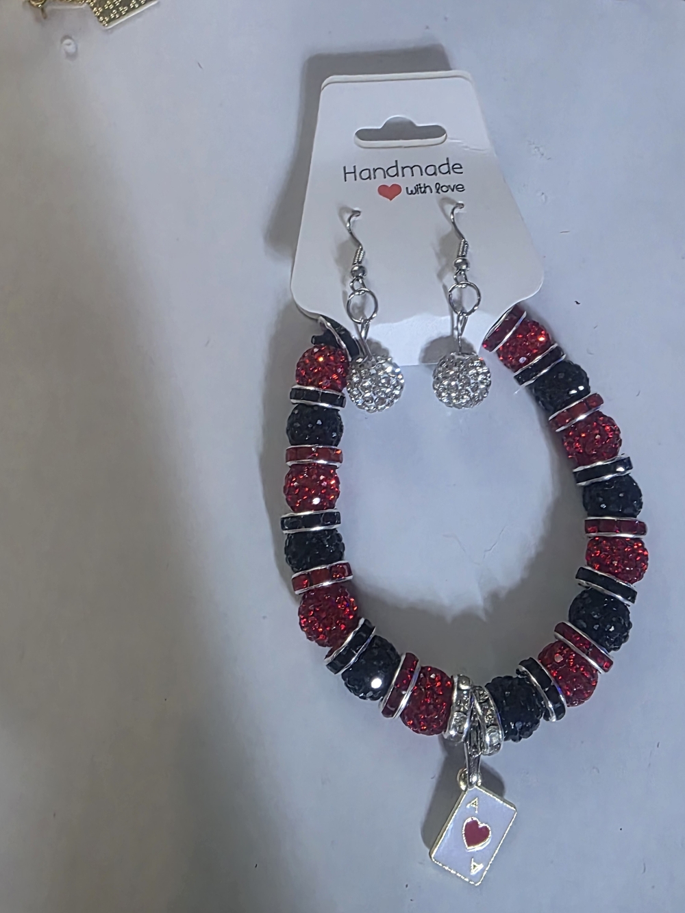 Handmade Red & Black Disco Ball Ace of Hearts Jewelry Set